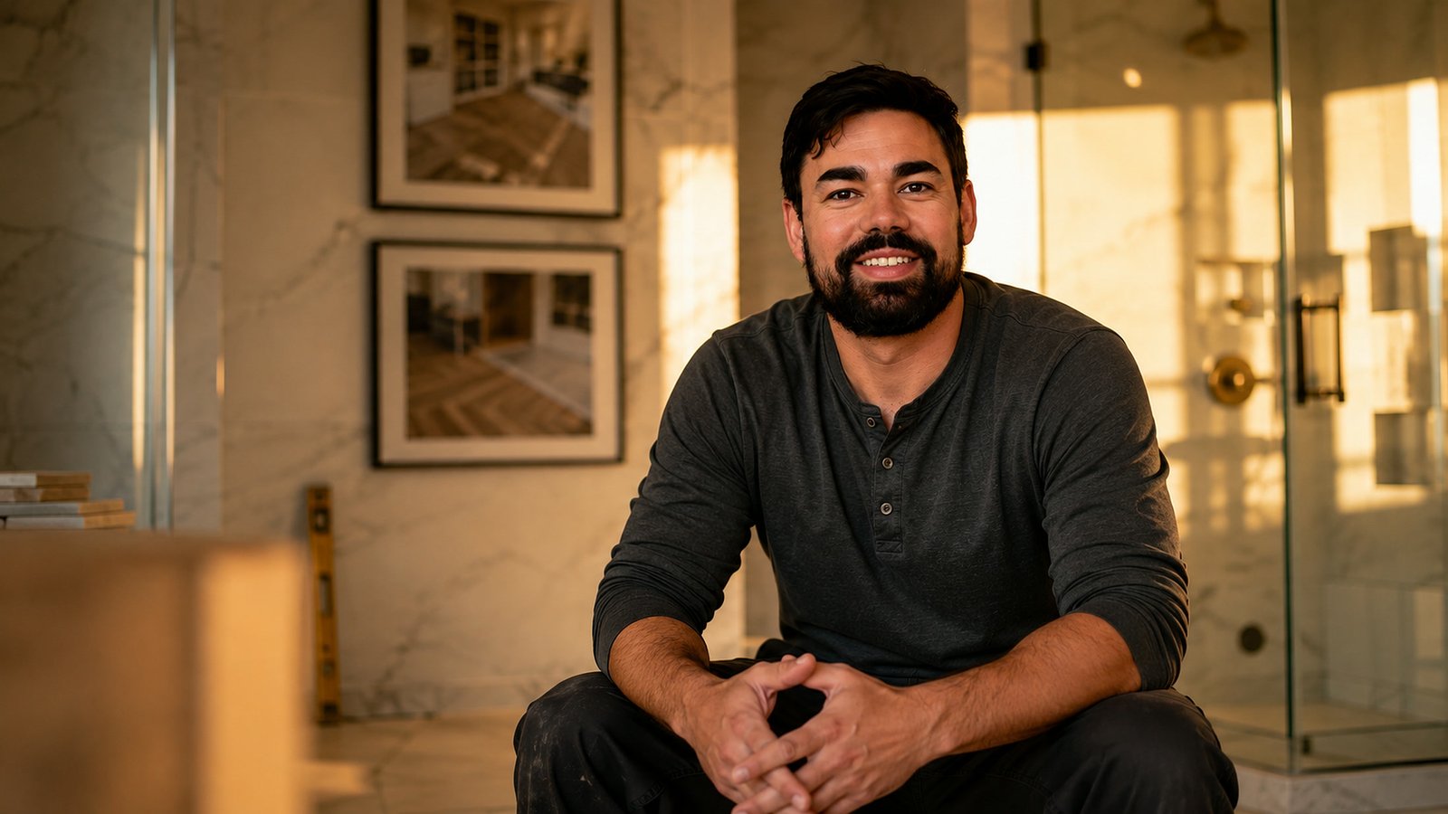 Mickael Moura, founder of High Relevance Flooring, in a finished bathroom remodel